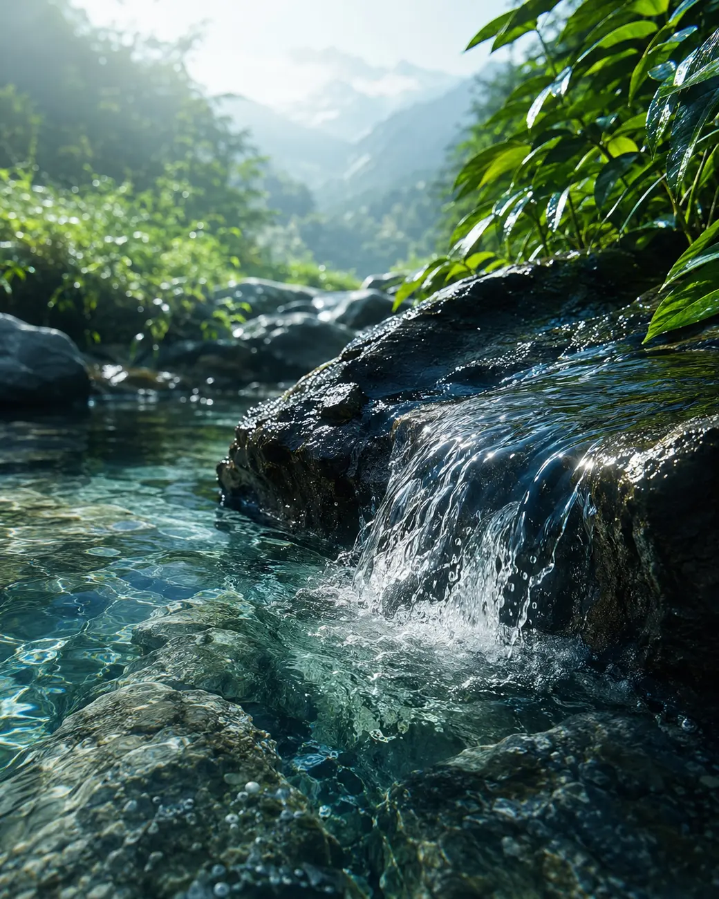 Clear natural mineral spring flowing over rock